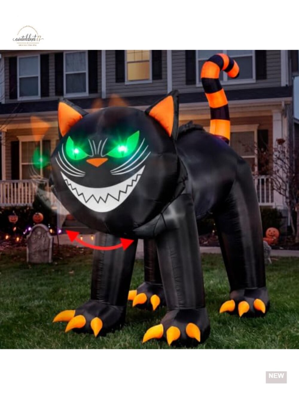 7 ft Halloween Inflatable Black Cat Yard Decoration with Moving Head & Green